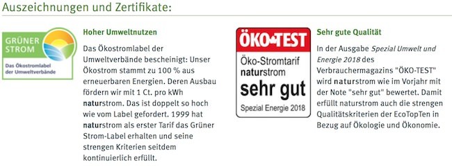 Naturstrom Auszeichnungen